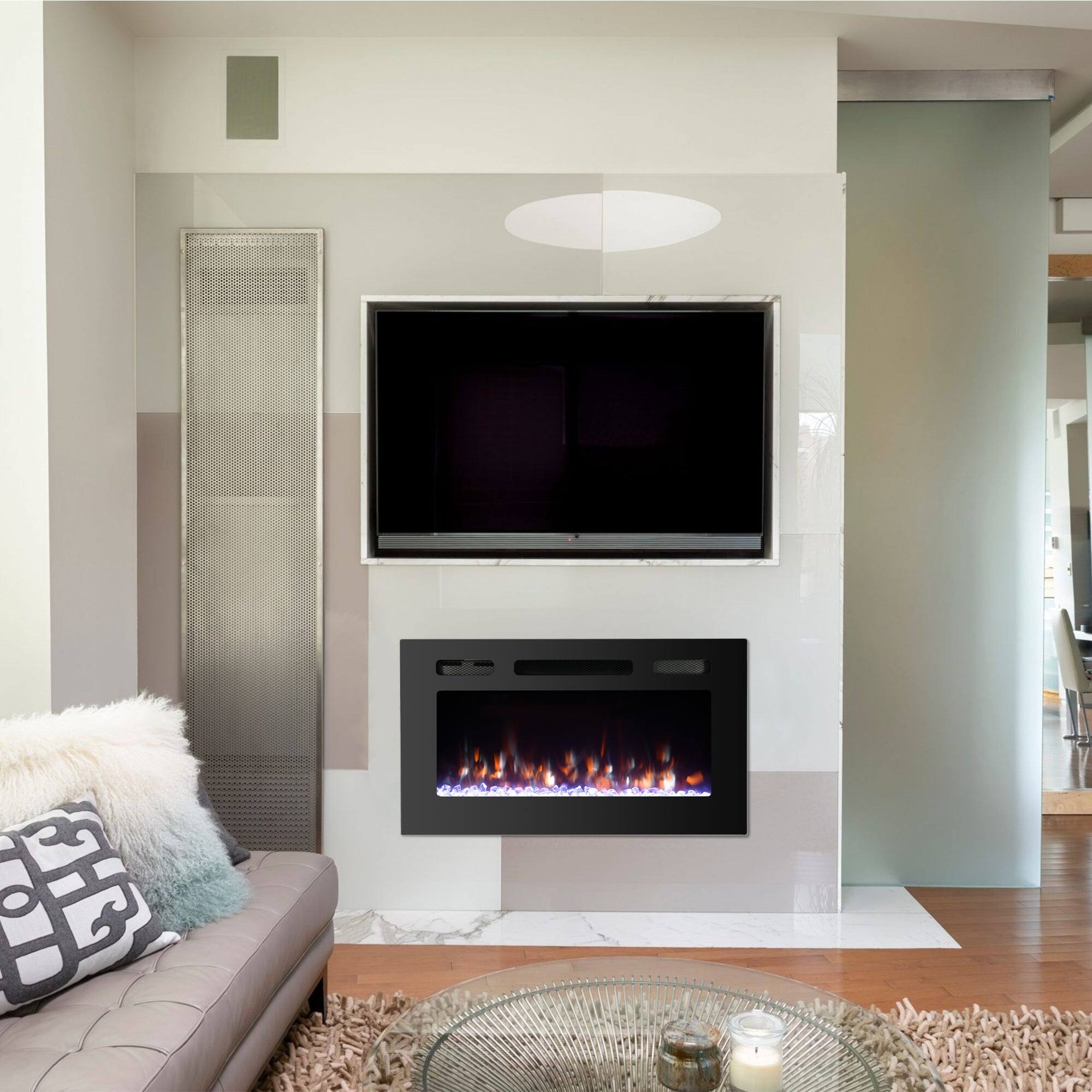 Alt View 3. Boyel Living - 30 in. Wall Mounted Recessed Electric Fireplace with Logs and Crystals - Black.