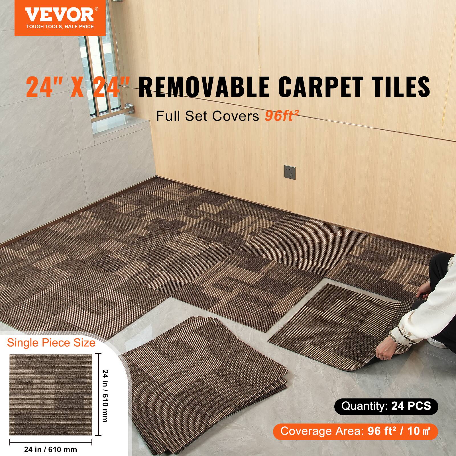 VEVOR  
TOUGH TOOLS, HALF PRICE  

24" X 24" REMOVABLE CARPET TILES  
Full Set Covers 96ft²  

Single Piece Size: 24 in / 610 mm  

Quantity: 24 PCS  

Coverage Area: 96 ft² / 10 m²