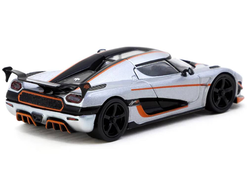 Angle. Tarmac Works - Koenigsegg Agera RS Moon Silver Metallic with Black and Orange Stripes Global64 Series 1/64 Diecast Model - Silver Metallic with Black and Orange.