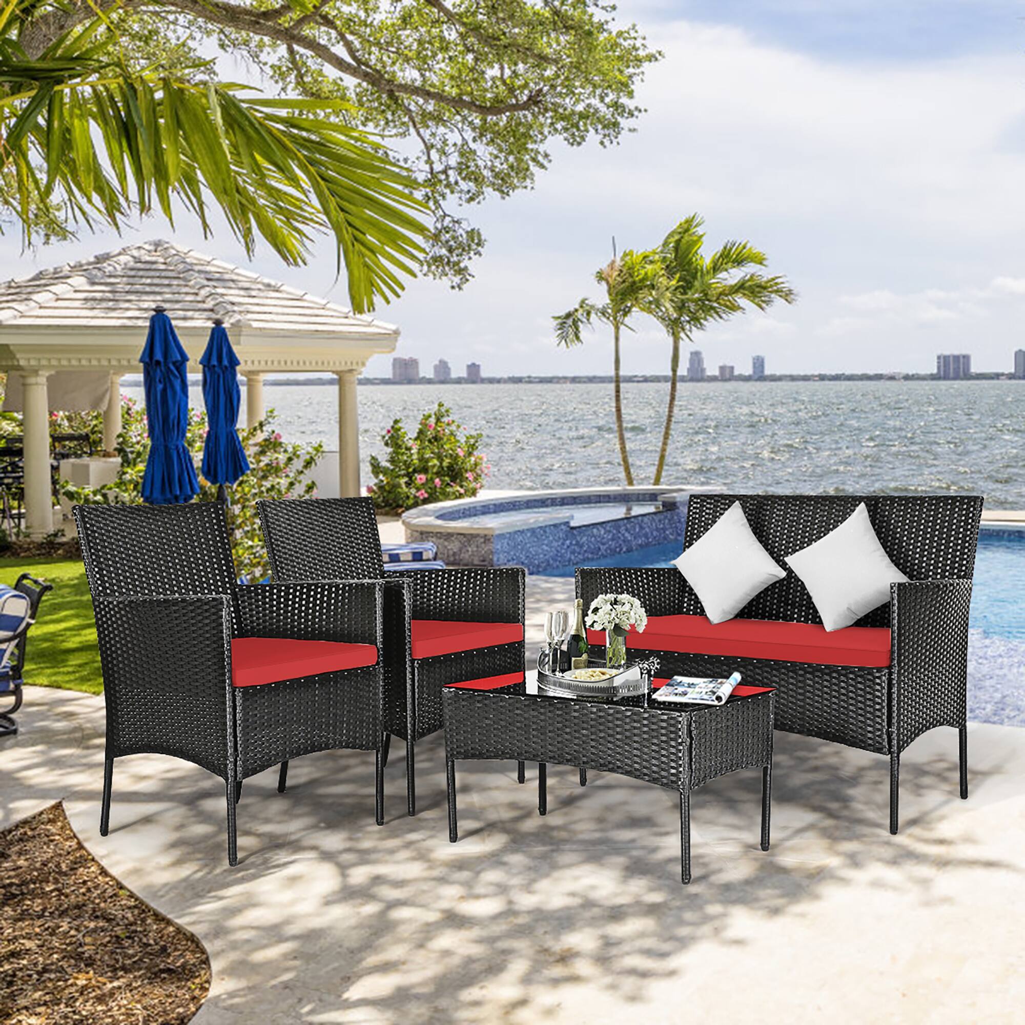 Alt View 2. Costway - Costway 8PCS Patio Rattan Furniture Set Cushioned Sofa Coffee Table Backyard Porch - Red.
