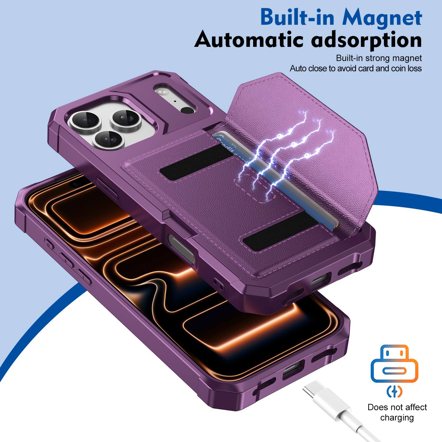 Built-in Magnet  
Automatic adsorption  
Built-in strong magnet  
Auto close to avoid card and coin loss  
130 P  
Does not affect charging