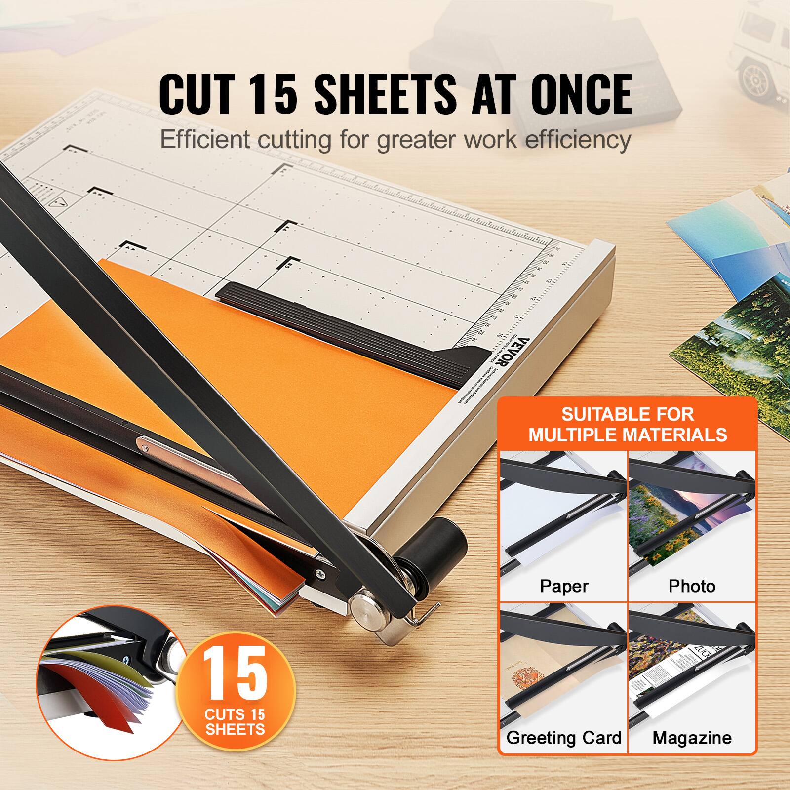 CUT 15 SHEETS AT ONCE  
Efficient cutting for greater work efficiency  

SUITABLE FOR MULTIPLE MATERIALS  
Paper  
Photo  
Greeting Card  
Magazine  

15 CUTS 15 SHEETS