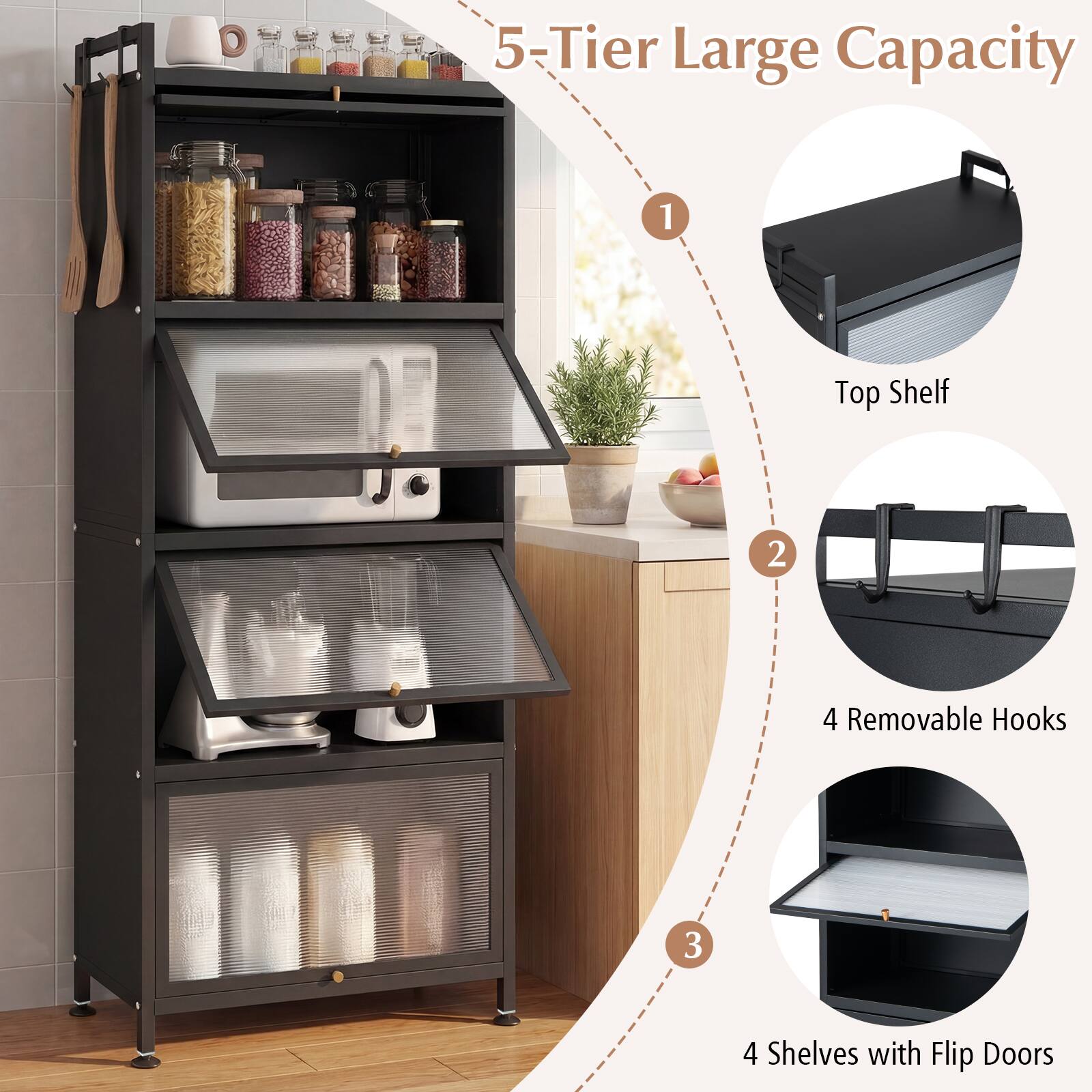 5-Tier Large Capacity  
1. Top Shelf  
2. 4 Removable Hooks  
3. 4 Shelves with Flip Doors