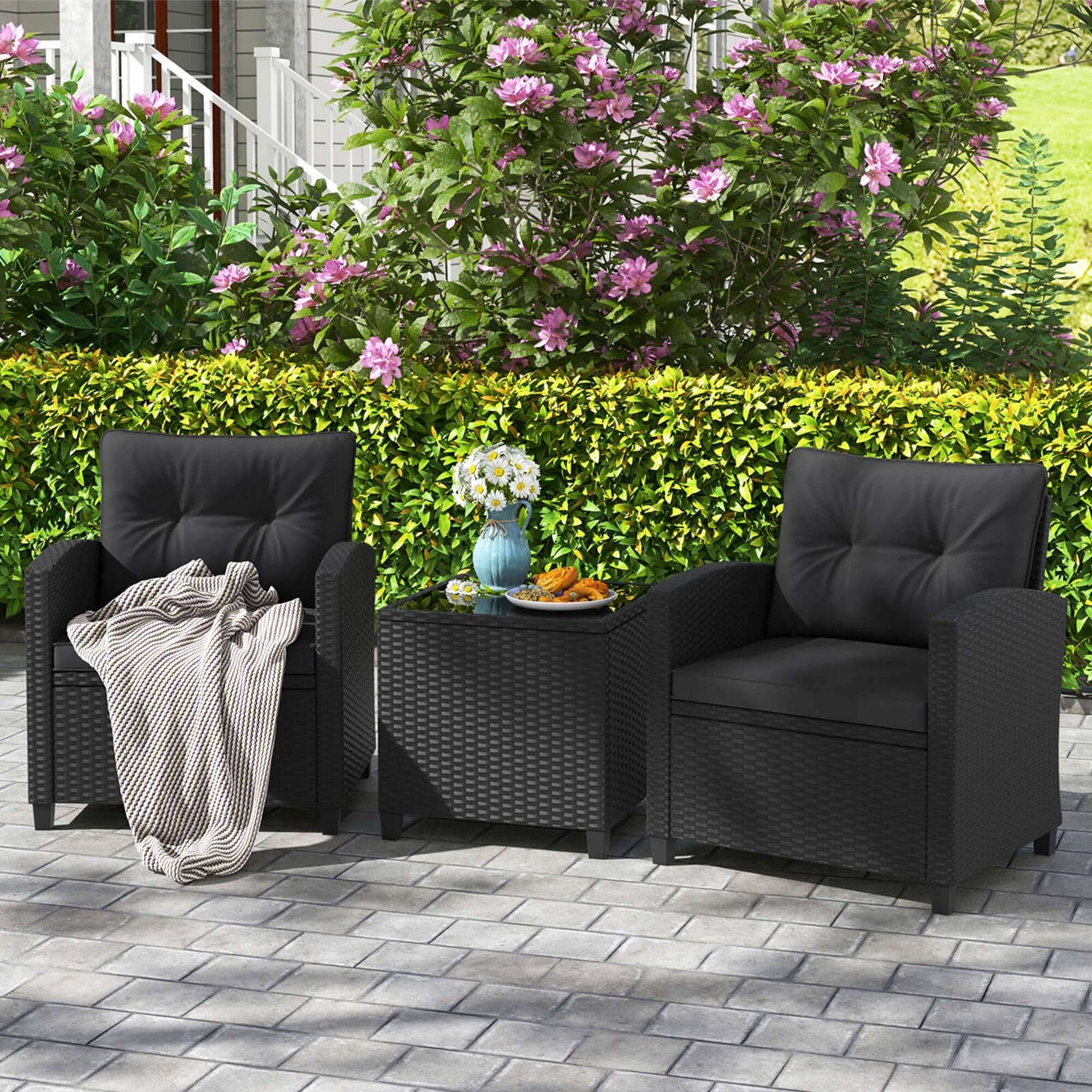 Alt View 2. Costway - 3 PCS Patio Furniture Set with Tempered Glass Coffee Table Washable Cushions - Black.