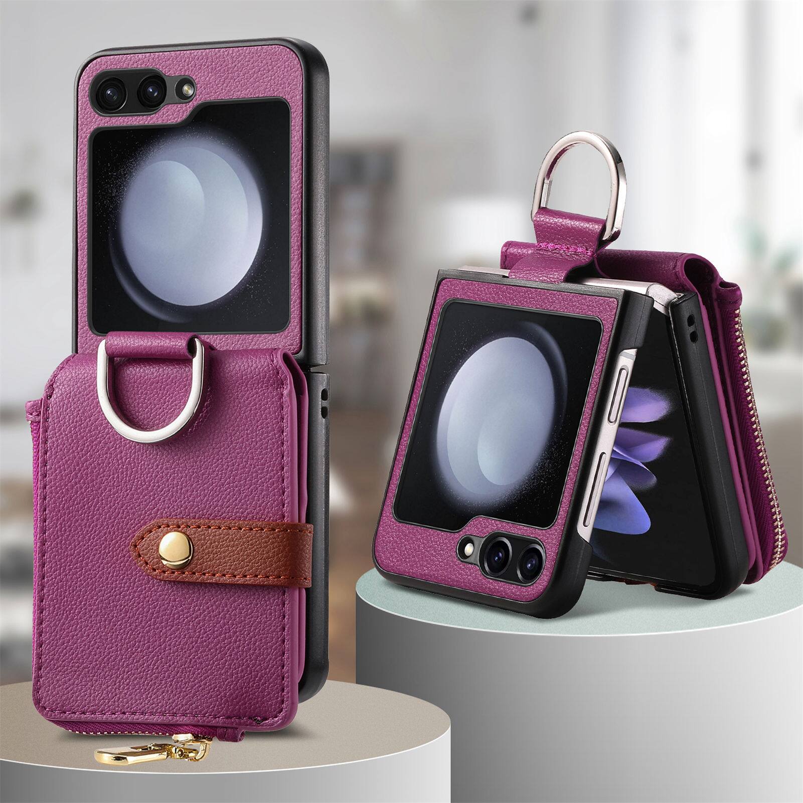 Alt View 5. Dteck - Flip Wallet Case for Samsung Galaxy Z Flip6 / 7 FE,Built-in Metal Finger Ring,Shockproof Zipper Pocket PU Leather Cover - Purple.