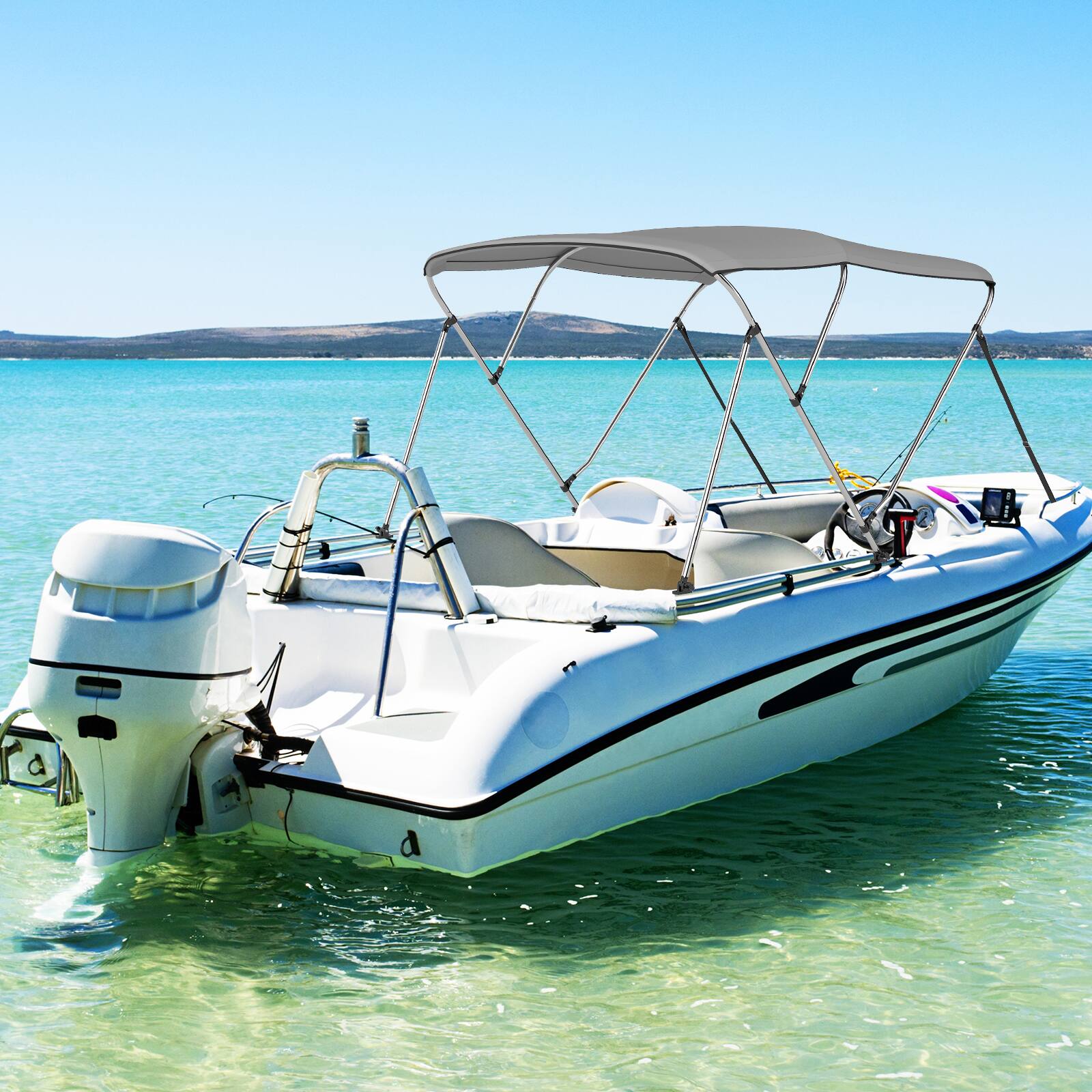 Alt View 3. Gymax - Gymax 3-Bow Boat Bimini Top Sun Shade Boat Canopy w/ Storage Boot Straps - Gray.