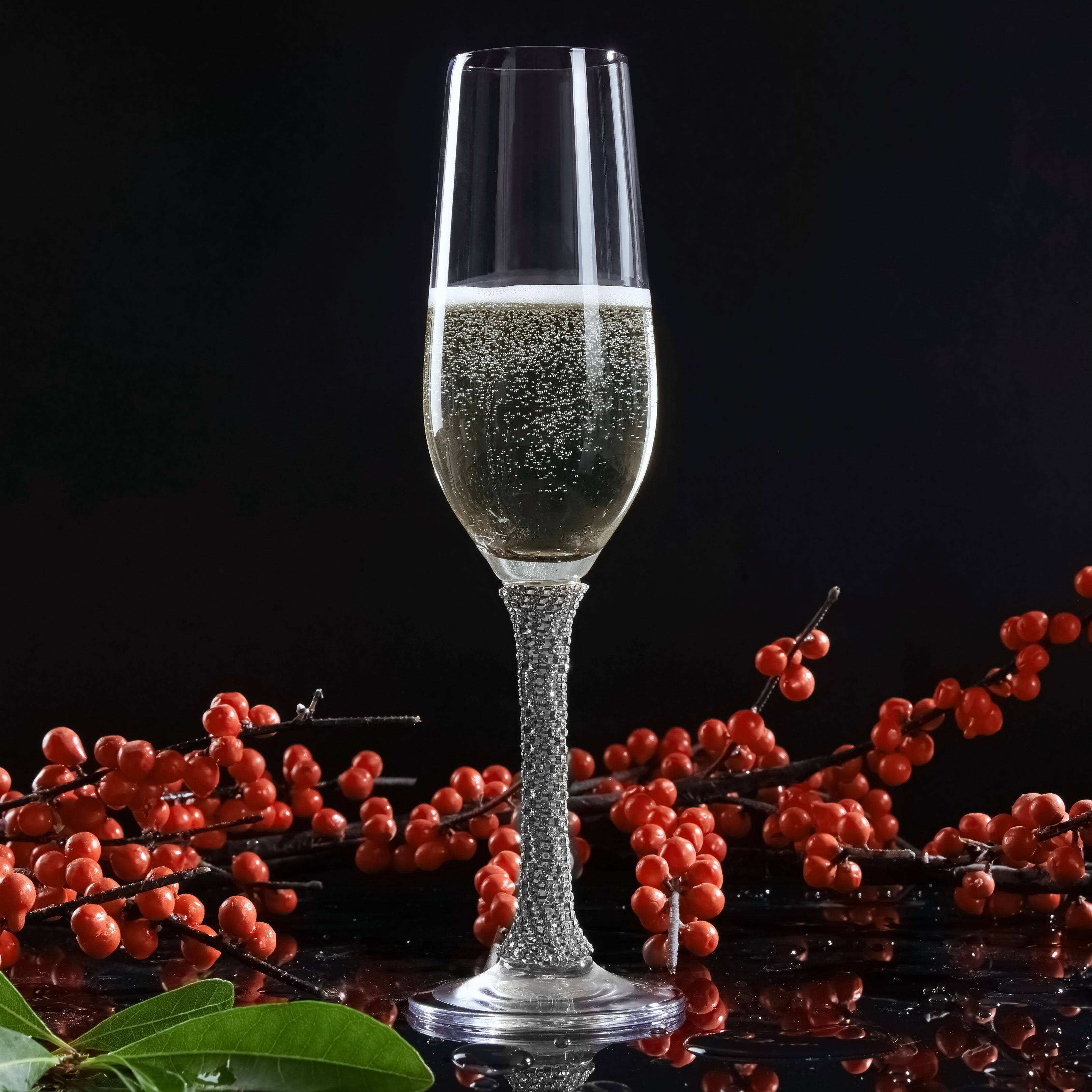 Alt View 10. Berkware - Premium Champagne Flutes - Crystal Champagne Glasses with Elegant Silver Rhinestone Embellished Stem - 8oz each (Set - Silver.