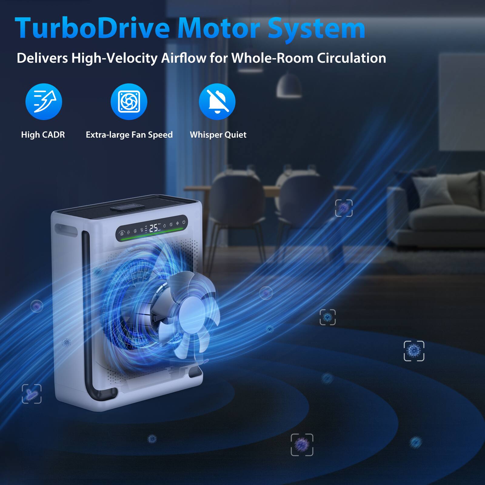 TurboDrive Motor System  
Delivers High-Velocity Airflow for Whole-Room Circulation  

- High CADR  
- Extra-large Fan Speed  
- Whisper Quiet