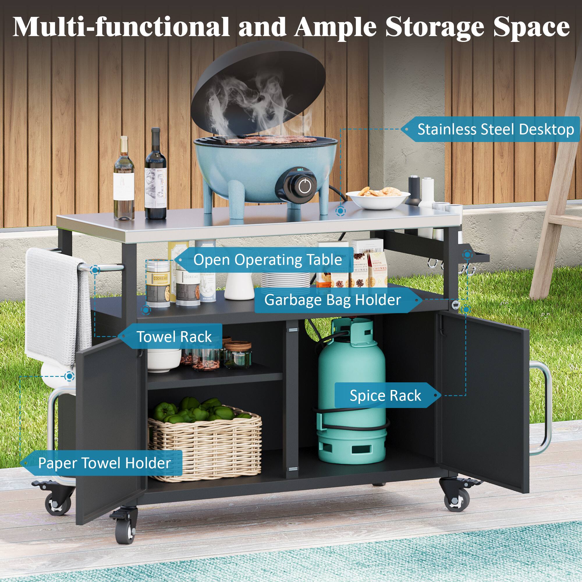 Multi-functional and Ample Storage Space Stainless Steel Desktop - | A. Open Operating Table | Garbage Bag Holder | Towel Rack | Spice Rack | Paper Towel Holder