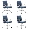 Front. LeisureMod - Set of 4 Benmar Modern Leather Upholstered Swivel Office Chair with Ribbed Seat and Steel Frame - Navy Blue.