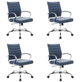 LeisureMod - Set of 4 Benmar Modern Leather Upholstered Swivel Office Chair with Ribbed Seat and Steel Frame - Navy Blue