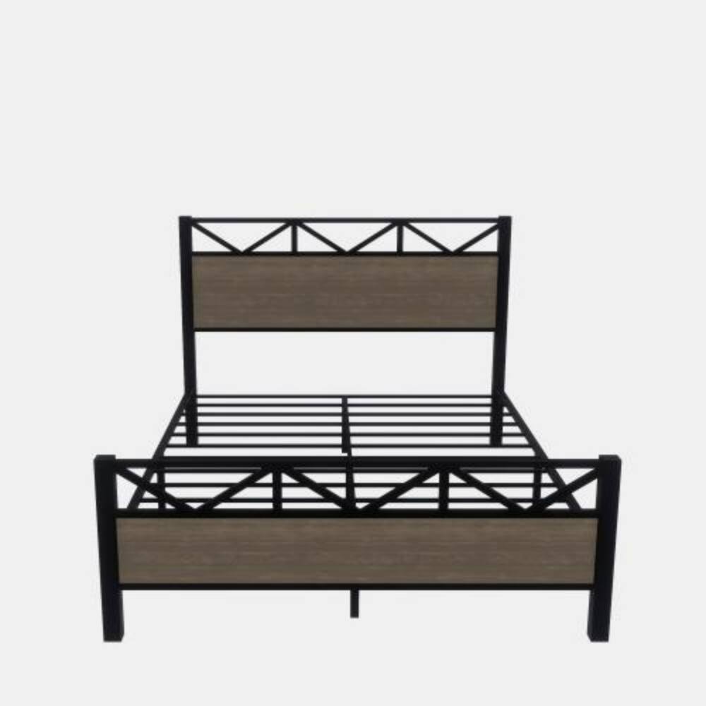 Alt View 3. LUCKY ONE - Full Size Bed Frame with Industrial Style Headboard and Footboard, Metal Slats, No Box Spring Needed, Easy Assembly - Black+Brown.