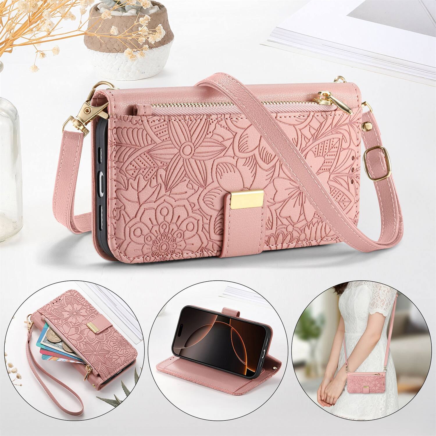 Alt View 1. Dteck - Floral Embossed Leather Zipper Cash Slot Wallet Case for Apple iPhone 16 with Detachable Strap - Rosegold.