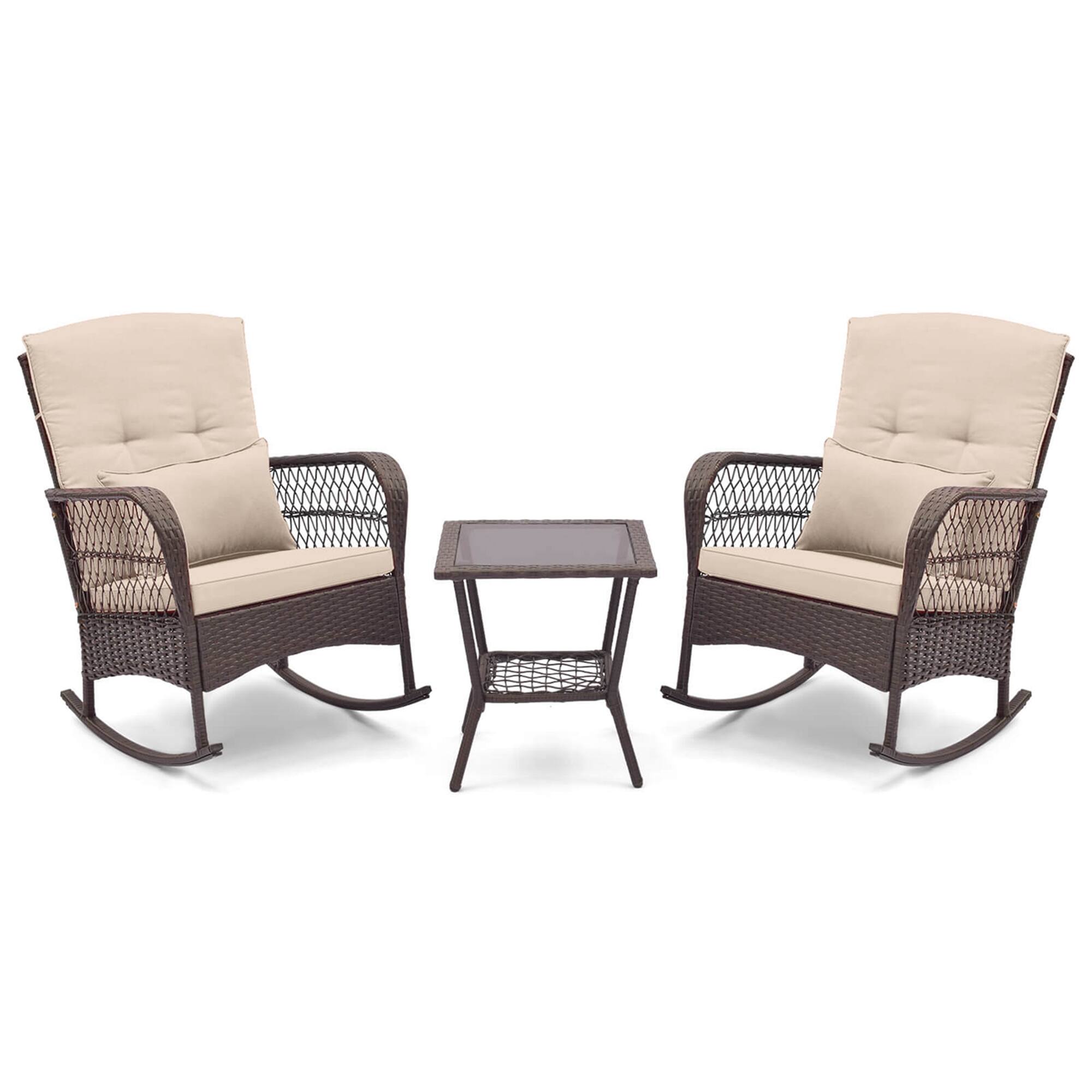 Alt View 9. Costway - 3 PCS Patio Rocker Set Outdoor Wicker Rocking Chairs with Double-Layer Coffee Table - Mix Brown + Beige.
