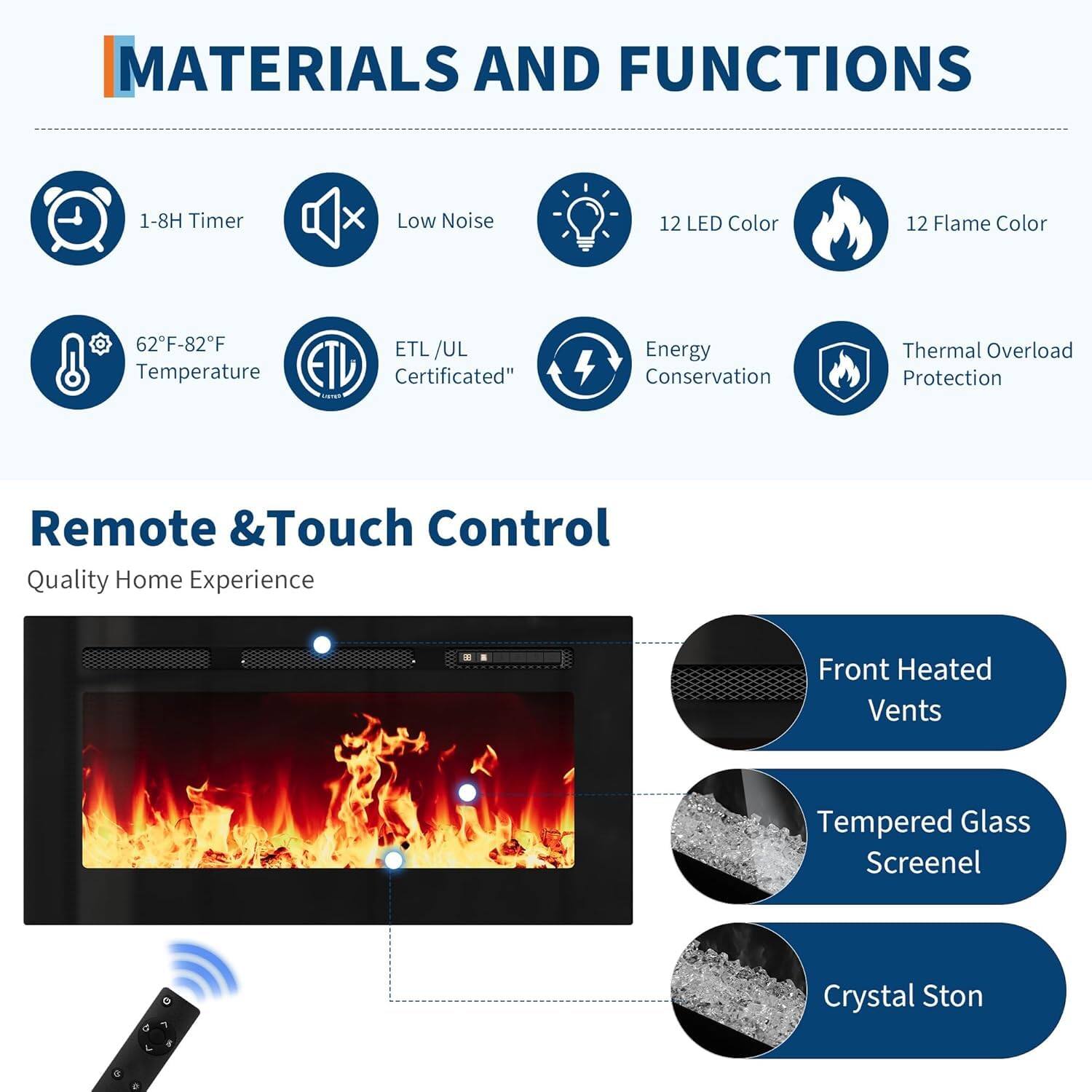 **MATERIALS AND FUNCTIONS**

- 1-8H Timer
- Low Noise
- 62°F-82°F Temperature
- ETL/UL Certificated
- Energy Conservation
- Thermal Overload Protection
- 12 LED Color
- 12 Flame Color

**Remote & Touch Control**

- Quality Home Experience
- Front Heated Vents
- Tempered Glass Screenel
- Crystal Ston
