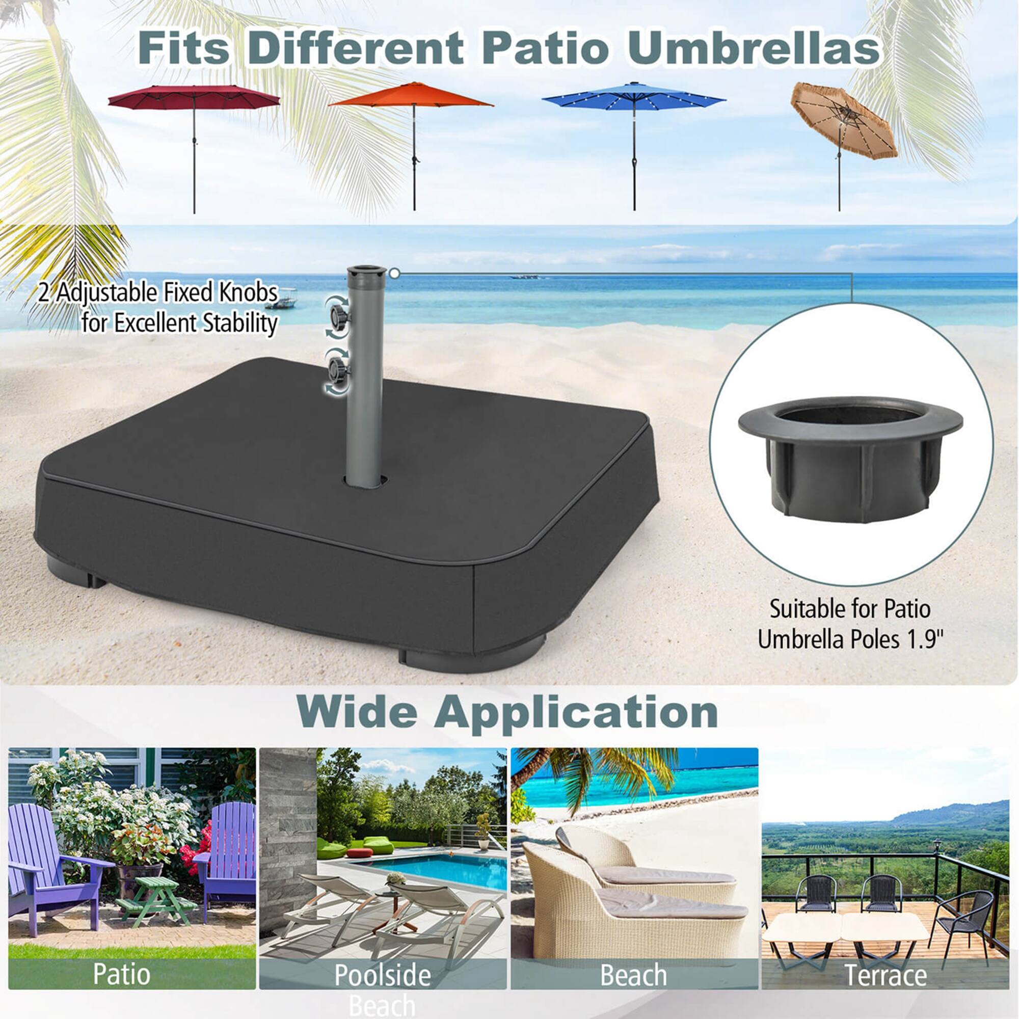 Fits Different Patio Umbrellas: 2 Adjustable Fixed Knobs for Excellent Stability Suitable for Patio Umbrella Poles 1.9" Wide Application: Patio, Poolside, Beach, Beach Terrace.