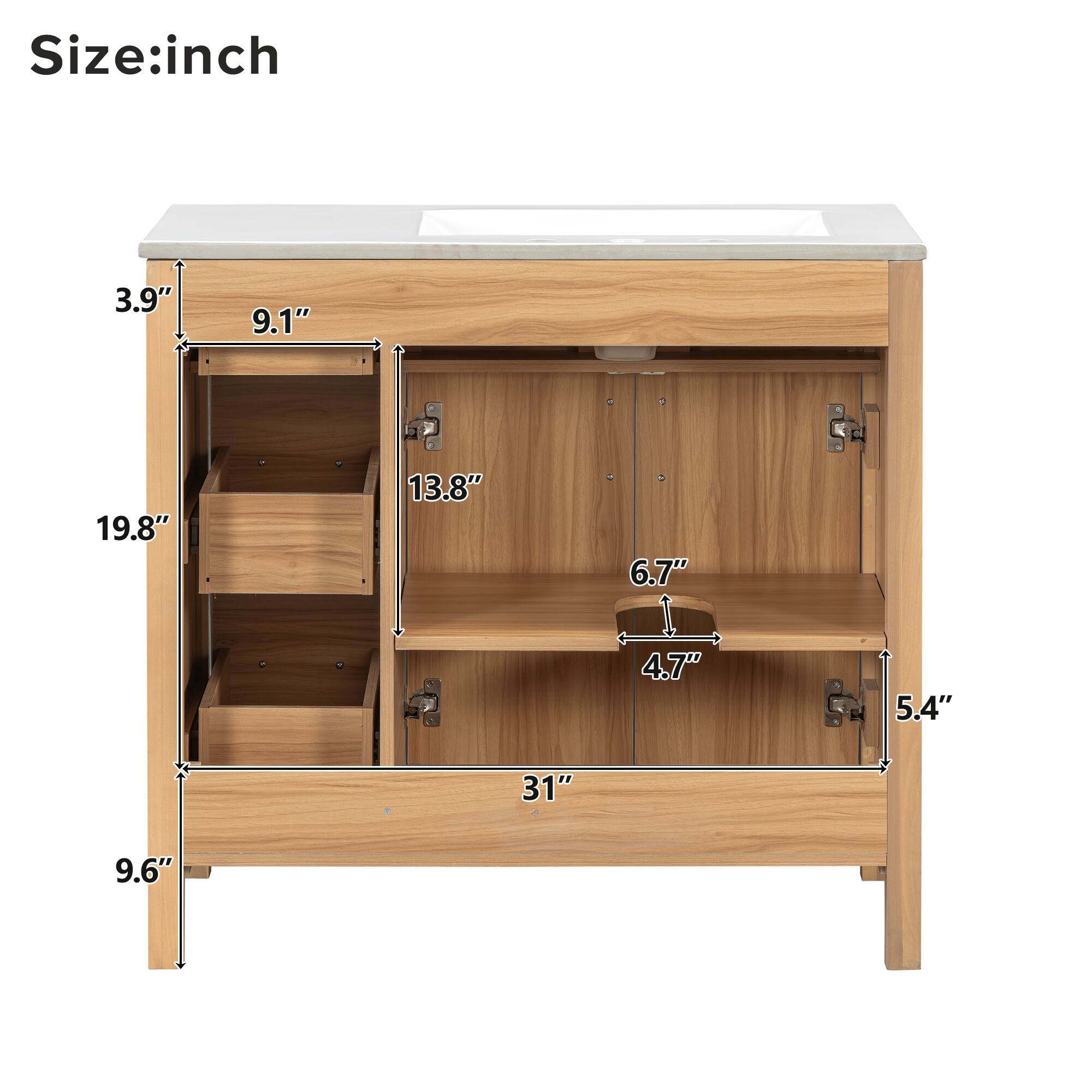 Size: inch

- Width: 31"
- Height: 9.6"
- Depth: 19.8"
- Top shelf depth: 9.1"
- Top shelf height: 3.9"
- Middle shelf depth: 6.7"
- Middle shelf height: 4.7"
- Bottom shelf depth: 5.4"
- Bottom shelf height: 13.8"