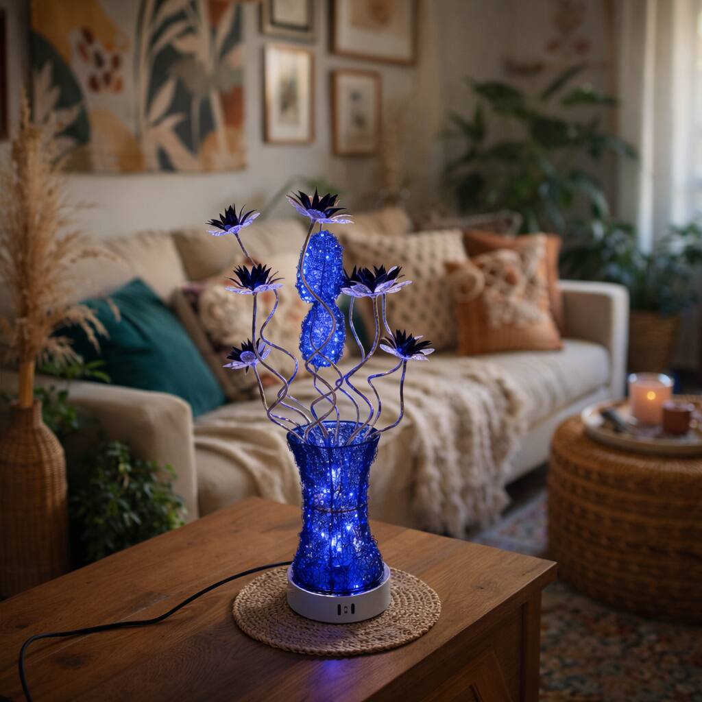 FC Design - 24"H Black Textured Vase & Floral Stem Blue Changing Light Table Lamp