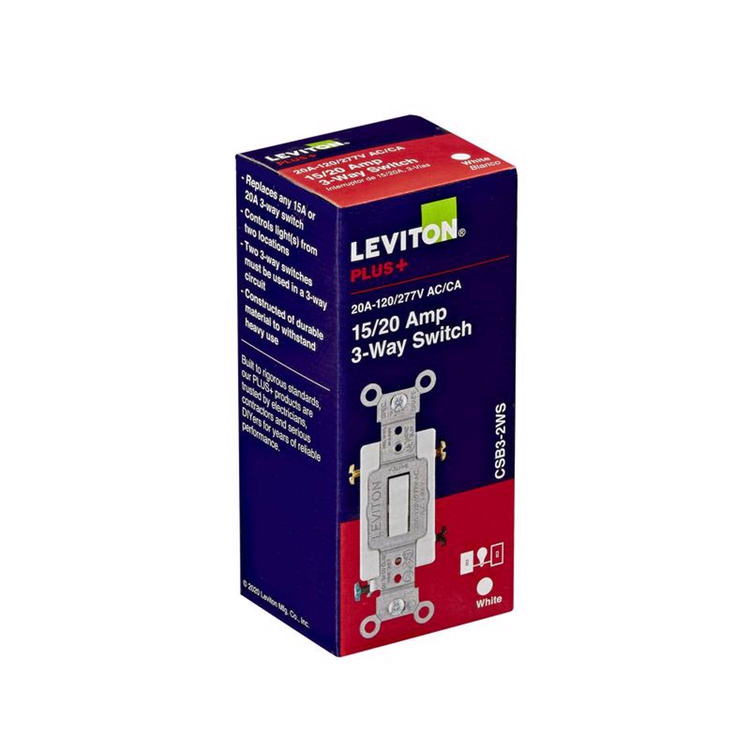 LEVITON  
PLUS+  
20A-15/20 Amp 3-Way Switch  
120/277V AC/CA  
CSB3-2WS  

- Replaces any 15A or 20A 3-way switch  
- Controls two locations (lights) from two locations  
- Two 3-way switches must be used in a 3-way circuit  
- Constructed of durable, heavy-duty material to withstand heavy use  
- Built to perform for years of reliable service  

LEVITON products are trusted by electricians, contractors, and serious DIYers for serious performance.  

White