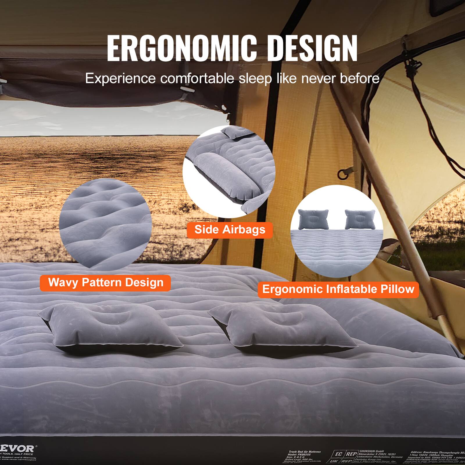 ERGONOMIC DESIGN  
Experience comfortable sleep like never before  

Side Airbags  
Wavy Pattern Design  
Ergonomic Inflatable Pillow  

EVOR - FERG