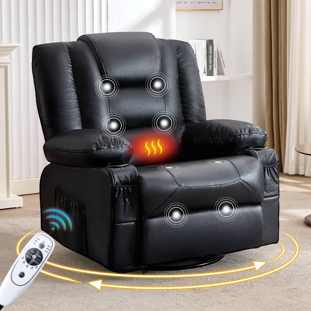 Ropilly - Oversized Swivel Rocker Recliner, Leather Massage Recliner with Heat and USB - Black