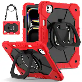 Dteck - Case for Apple iPad Pro 13-inch (M5) 2025/(M4) 2024 , 3-Layer Rugged Kickstand Handle Grip Cover+Strap - Red Black
