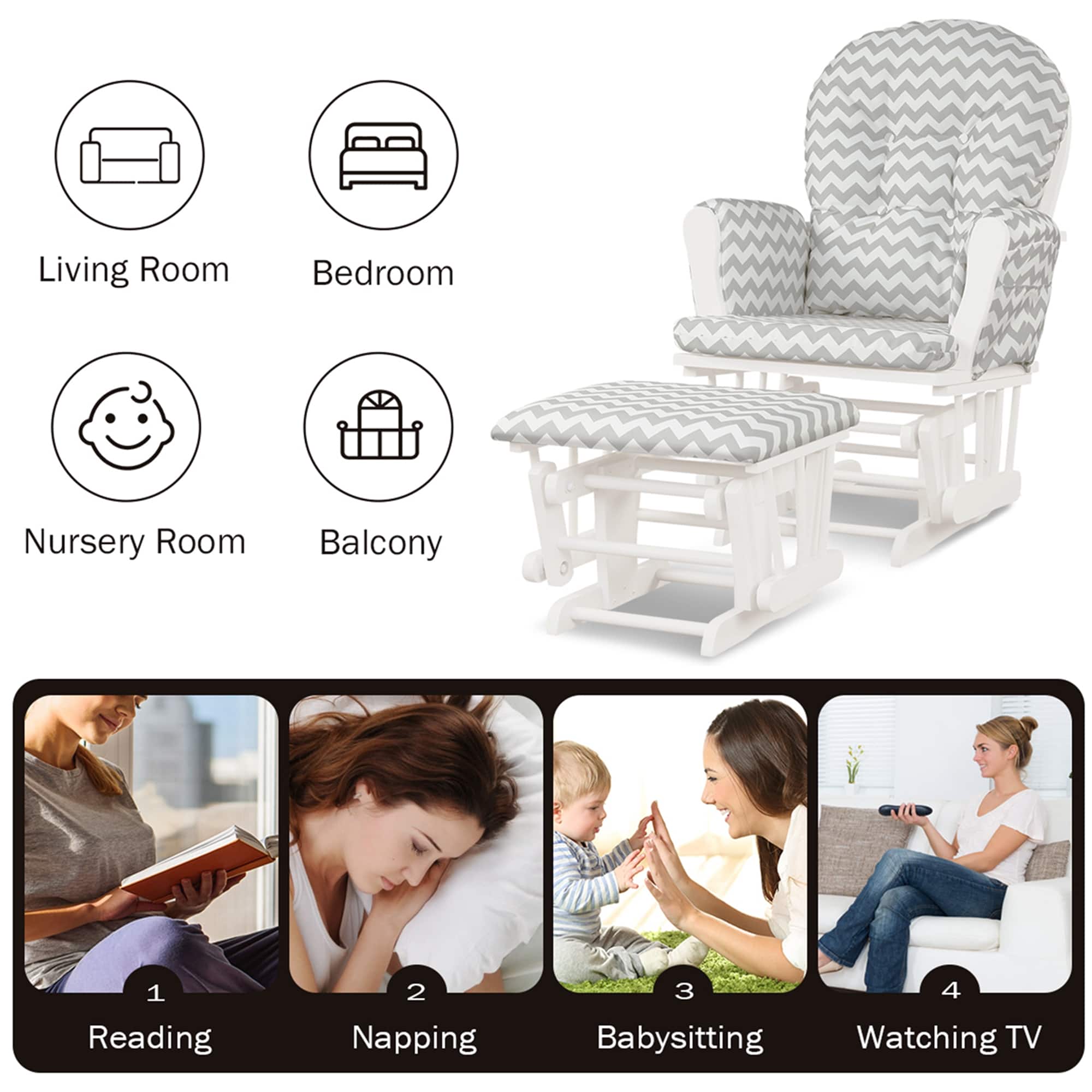 Living Room, Bedroom, Nursery Room, Balcony, Reading, Napping, Babysitting, Watching TV.