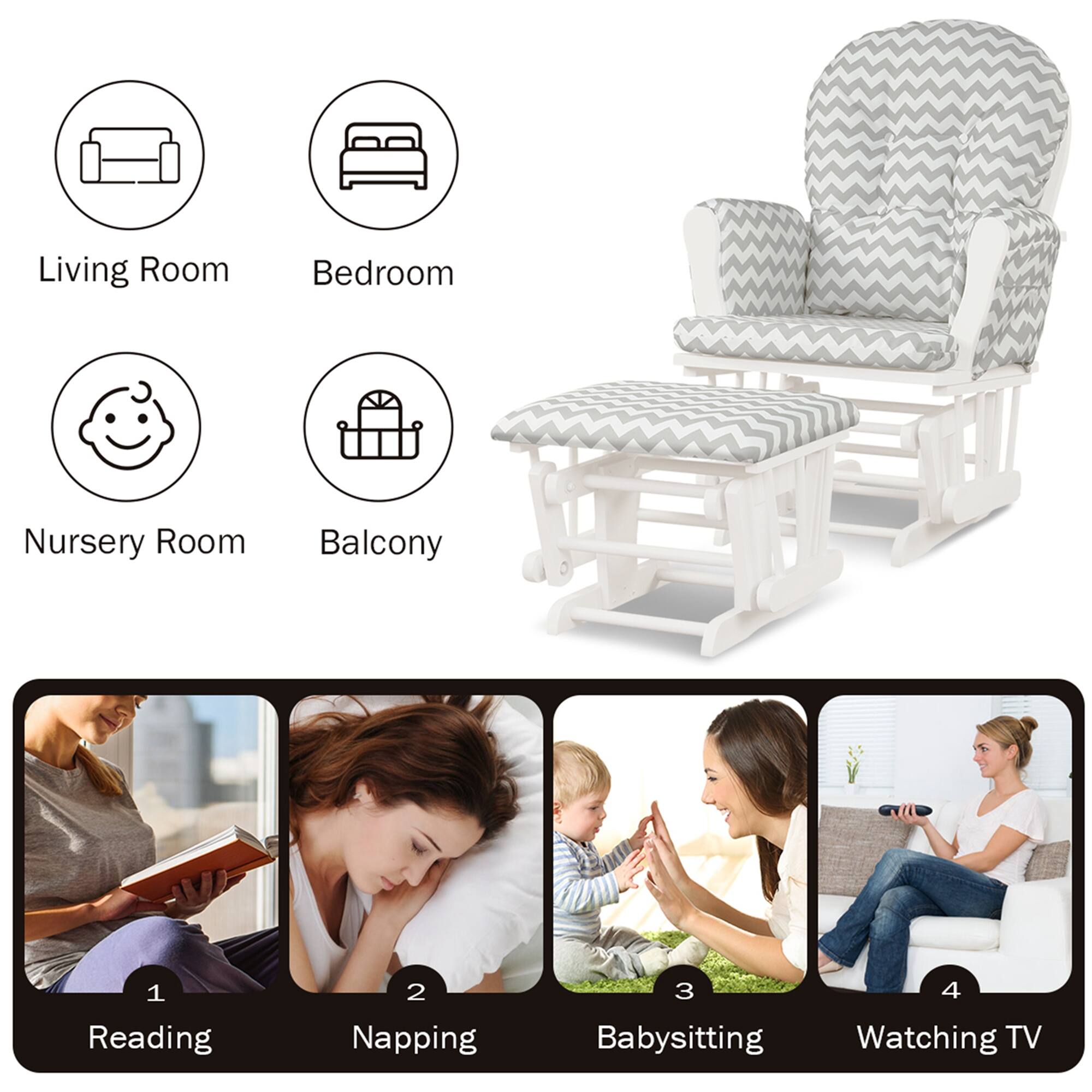 Living Room, Bedroom, Nursery Room, Balcony, Reading, Napping, Babysitting, Watching TV.