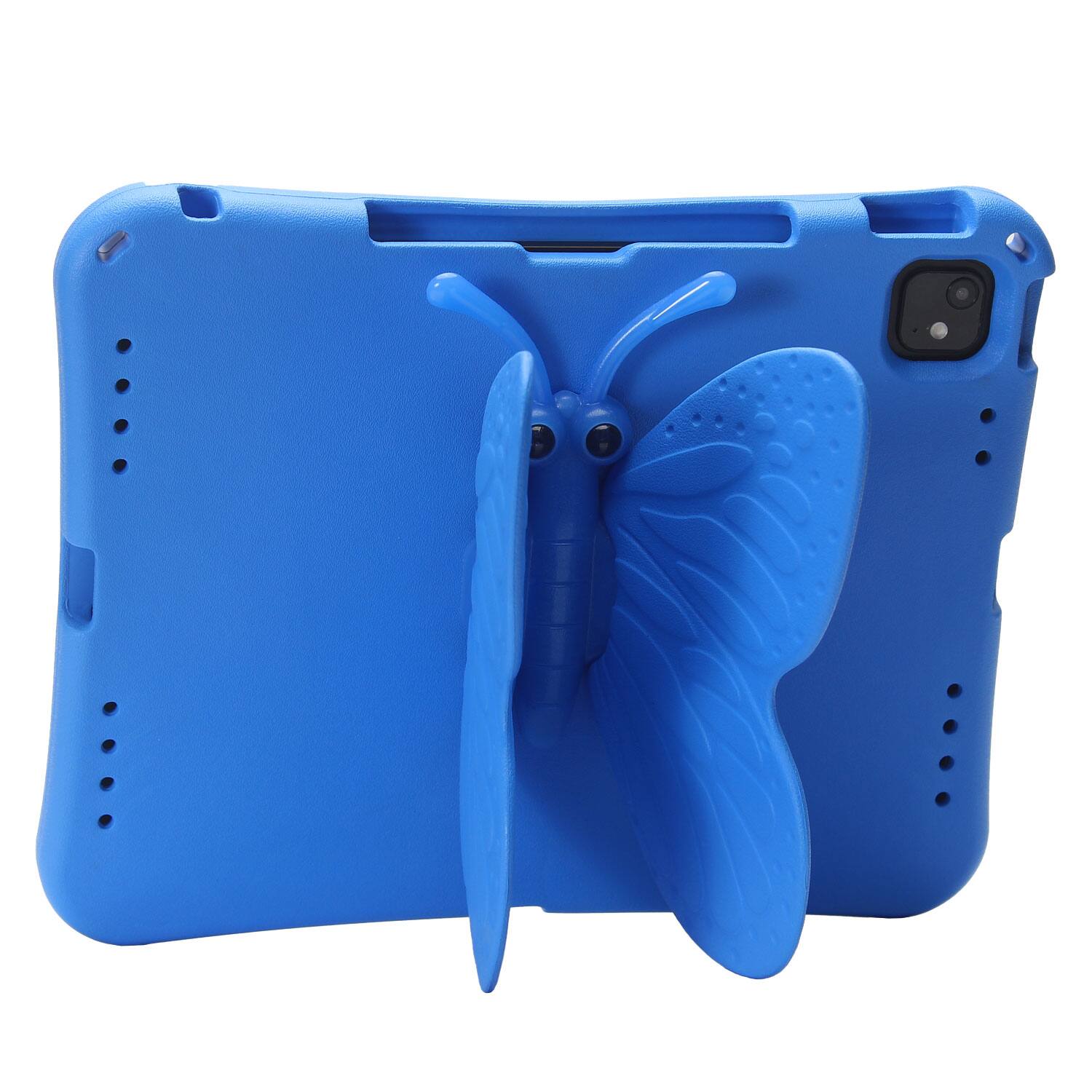 The image shows a blue phone case with a butterfly design.