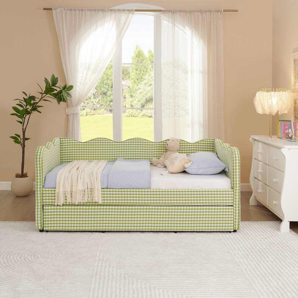 Alt View 1. JUJABU - Green Cozy Gingham Daybed with Twin Size Trundle No Box Spring Needed, with USB Port and Adorable Wave Shaped - Green.