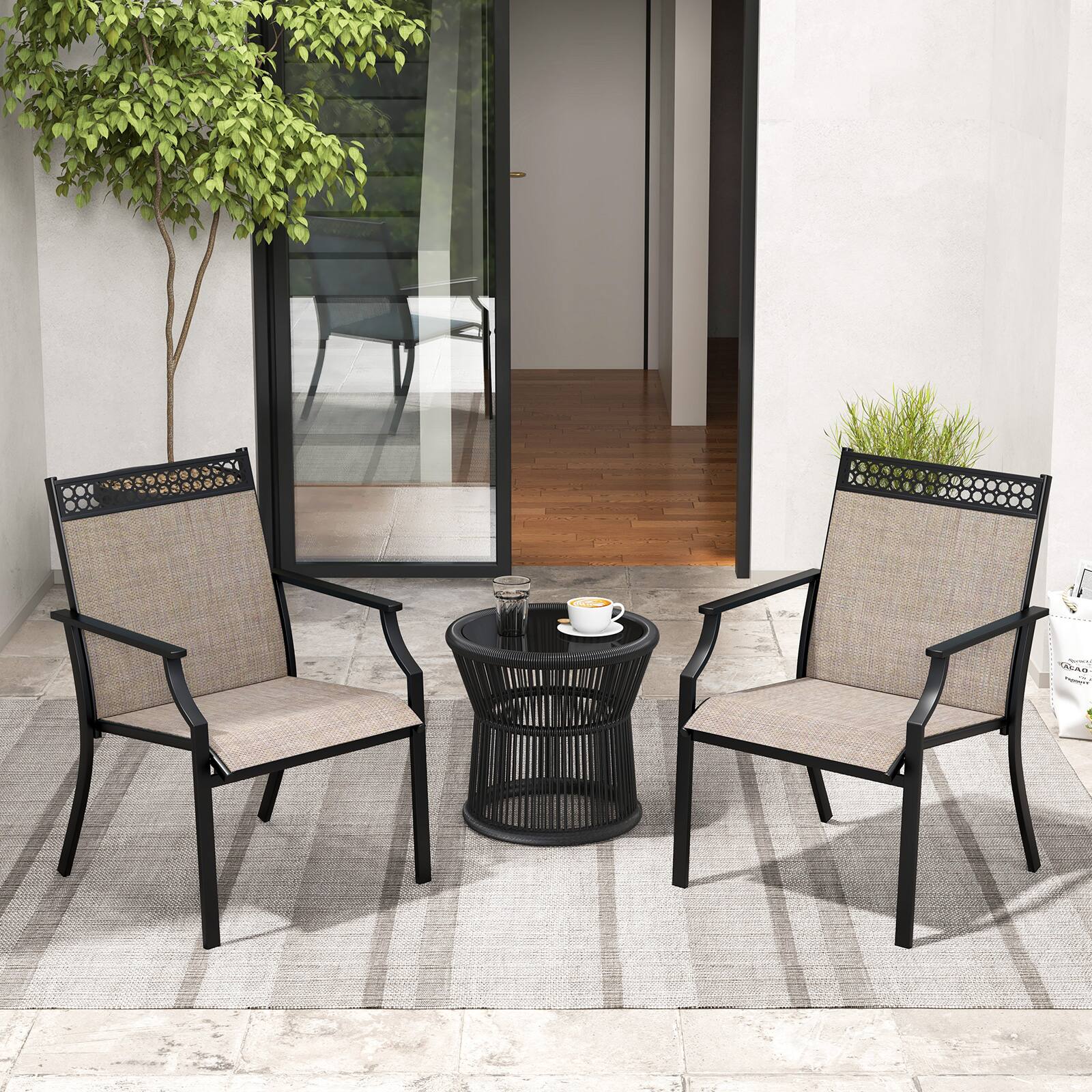 Alt View 4. Gymax - Gymax Patio Dining Chairs Set of 4 All Weather Outdoor Chairs w/ High Back & Armrests - Coffee, Black.