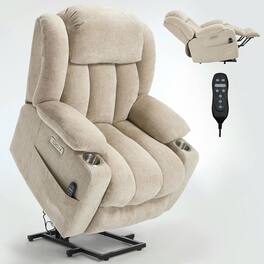 Kadyn - Power Lift Recliner Chair, 8-Point Massage & Heat, Dual USB Ports, Cup Holders, 350lb Capacity - Beige