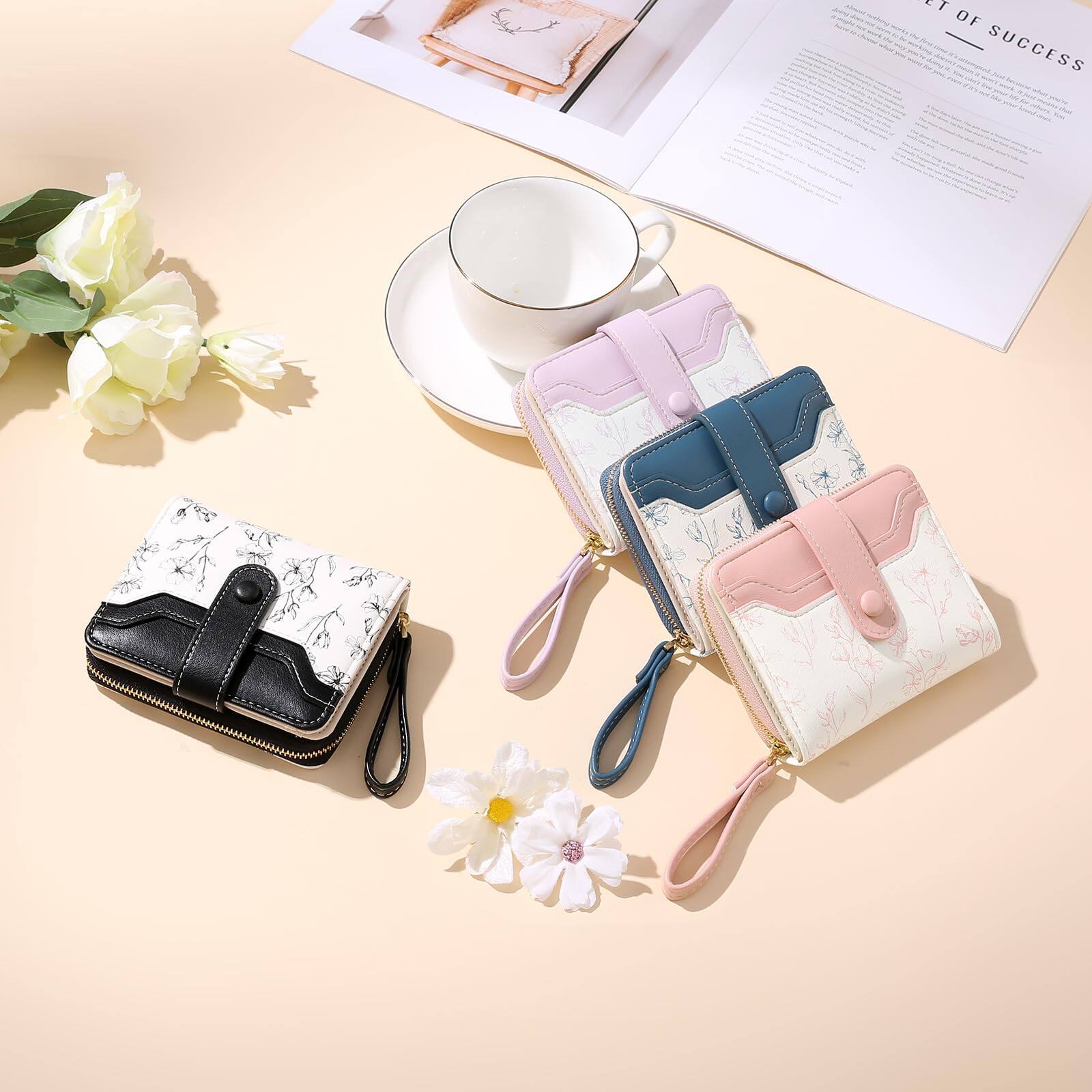 Alt View 3. Jadie Link - Womens Wallet Slim Thin Rfid Blocking Floral Leather Card Holder Bifold Long Ladies Zipper Pocket Small Roomy RFID-block - Blue & White.