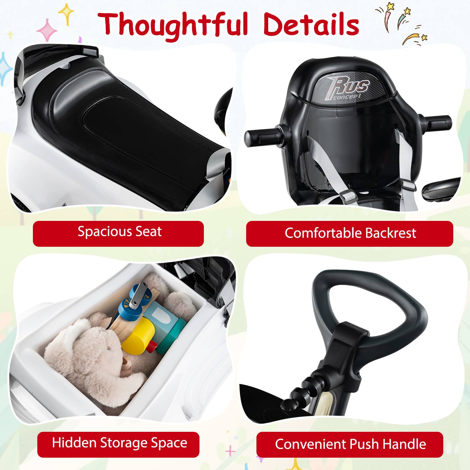 Thoughtful Details

- Spacious Seat
- Comfortable Backrest
- Hidden Storage Space
- Convenient Push Handle