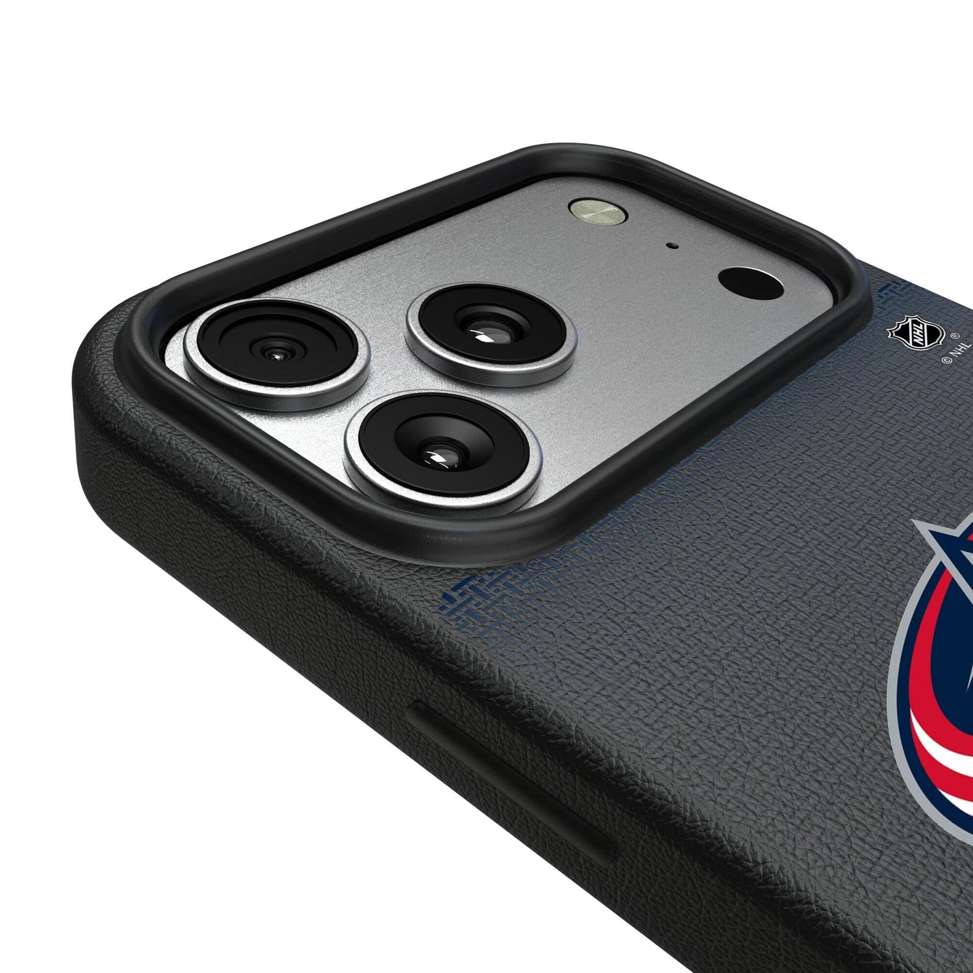 Alt View 2. Keyscaper - Columbus Blue Jackets Linen Logo iPhone Magnetic Bump Case - 15 Pro Max - Black.