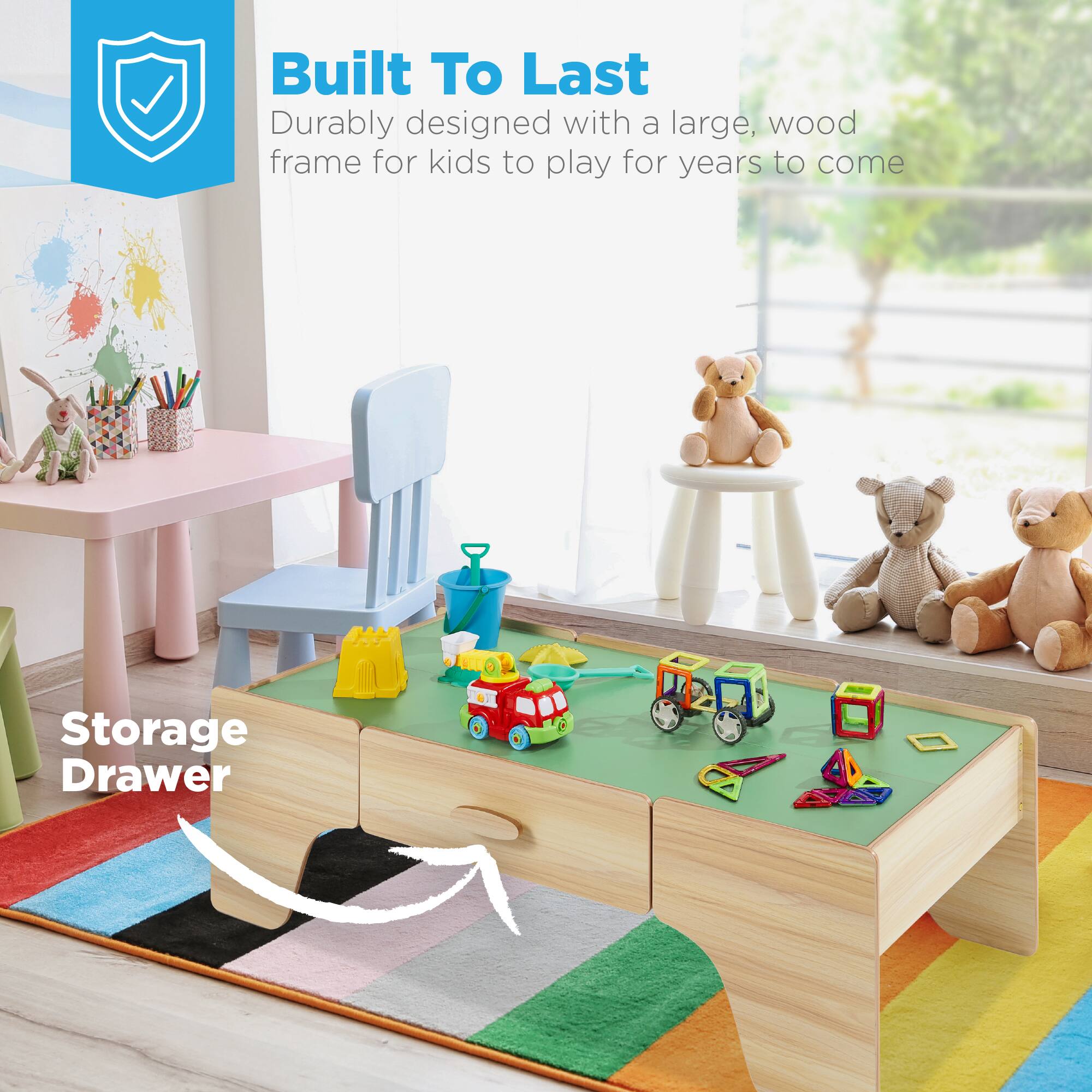 Built To Last  
Durable design with a large, wood frame for kids to play for years to come  

Storage Drawer