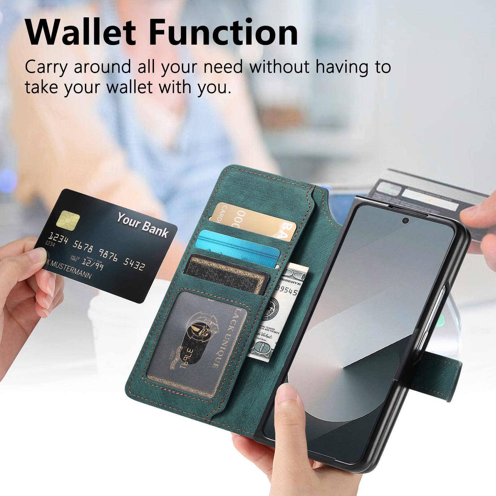 Wallet Function  
Carry around all your need without having to take your wallet with you.  

Your Bank  
1234 1234 5678 9876  
S - 9876 XMUSTERMANN  
12/99 5432 20 1  

TLE CARD  
000 LACK UNIQUE  

Earv 39545