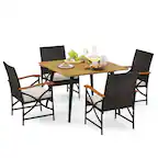 Front. Costway - 5 PCS Patio PE Wicker Dining Set Table and Chairs with Cushions 1.9" Umbrella Hole - Mix Brown + Off White.