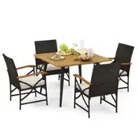Costway 5 PCS Patio PE Wicker Dining Set Table and Chairs with Cushions 1.9" Umbrella Hole - Mix Brown + Off White - Front_Zoom