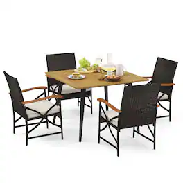 Costway - 5 PCS Patio PE Wicker Dining Set Table and Chairs with Cushions 1.9" Umbrella Hole - Mix Brown + Off White