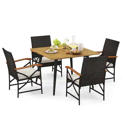 Front. Costway - 5 PCS Patio PE Wicker Dining Set Table and Chairs with Cushions 1.9" Umbrella Hole - Mix Brown + Off White.