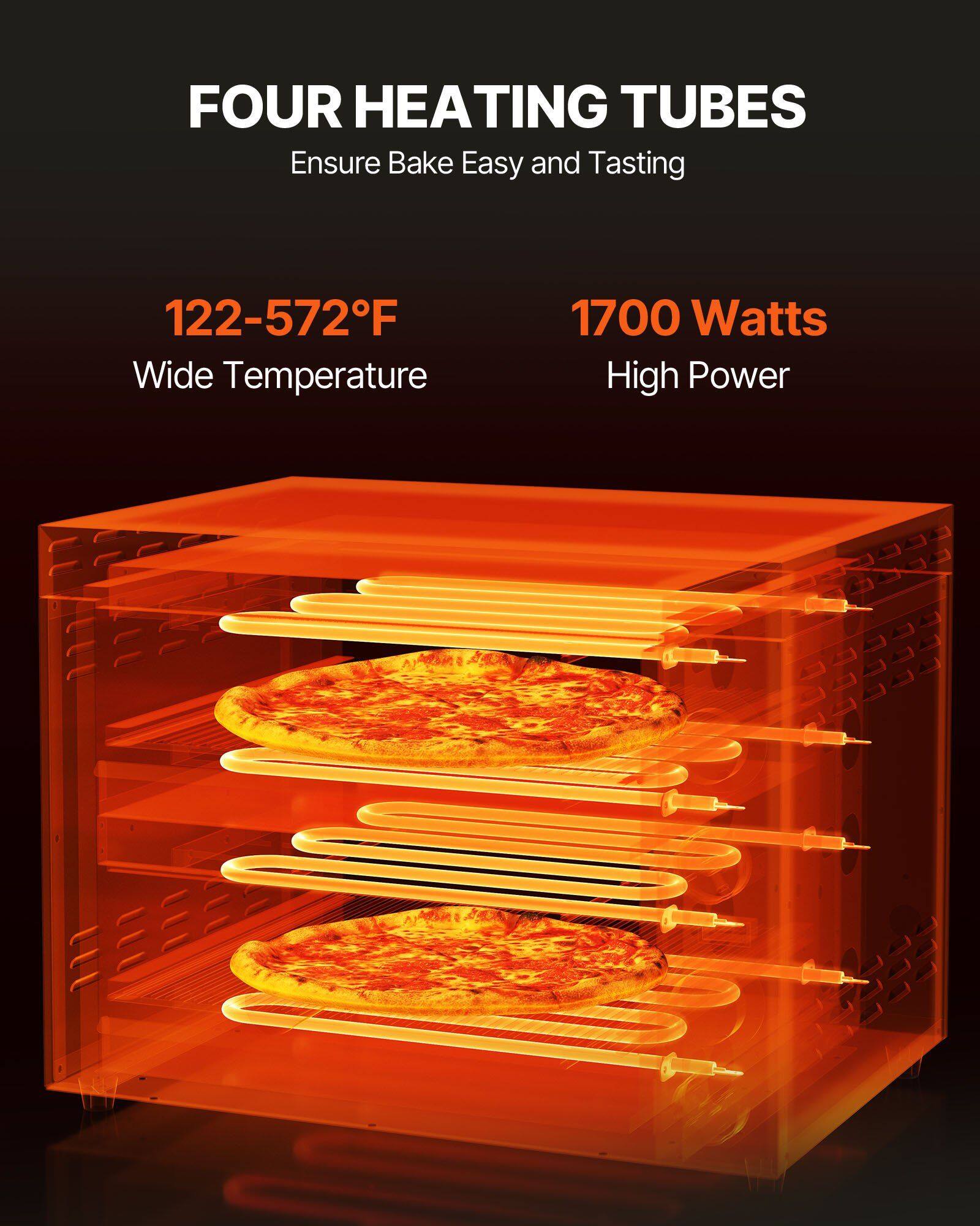 FOUR HEATING TUBES  
Ensure Bake Easy and Tasting  

122-572°F  
Wide Temperature  

1700 Watts  
High Power