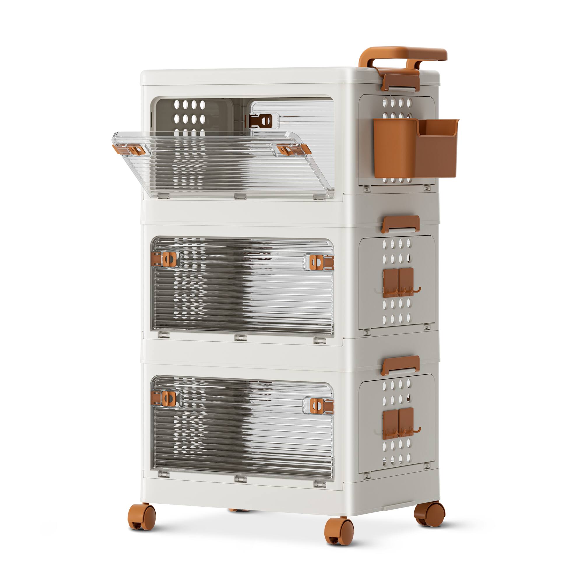 Front. KERDOM - Stackable Plastic Storage Bins Set, Movable 34 QT Foldable Storage Boxes Organizers with Hooks, Collapsible Drawers - White.