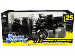 Muscle Machines - 1966 Chevrolet C60 Flatbed Truck Matt Black and 1993 Chevrolet 454 SS Pickup Truck Matt Black Muscle Transports 1/64 - Matte Black