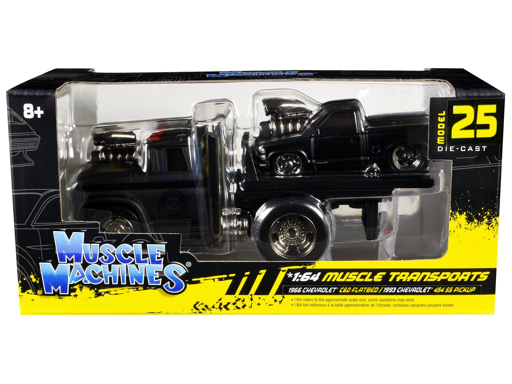 Sure, here is the corrected and grouped text from the image:

---

**8+**

**MODEL 25 DIE-CAST**

**MUSCLE MACHINES**

**1:64 MUSCLE TRANSPORTS**

**1966 CHEVROLET C60 FLATBED / 1993 CHEVROLET 454 SS PICKUP**

*1:64 refers to the approximate scale size, some variations may exist*

*1/64 fait référence à la taille approximative de l'échelle; certaines variantes peuvent exister.*

---