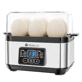 tesslux - Electric Rapid Egg Cooker, 6 Egg Capacity for Hard Boiled Eggs, Poached Eggs, Scrambled Eggs, or Omelets Maker w - Silver