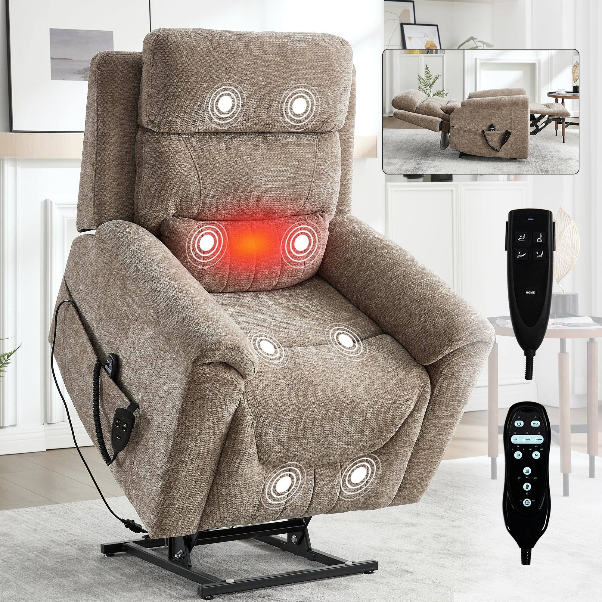 Alt View 7. Boyel Living - Brown Khaki Chenille Dual Motor Power Lift Recliner Chair, Infinite Position, 350 LBS, 8-Point Massage & Lumbar Heat - Brown Khaki.