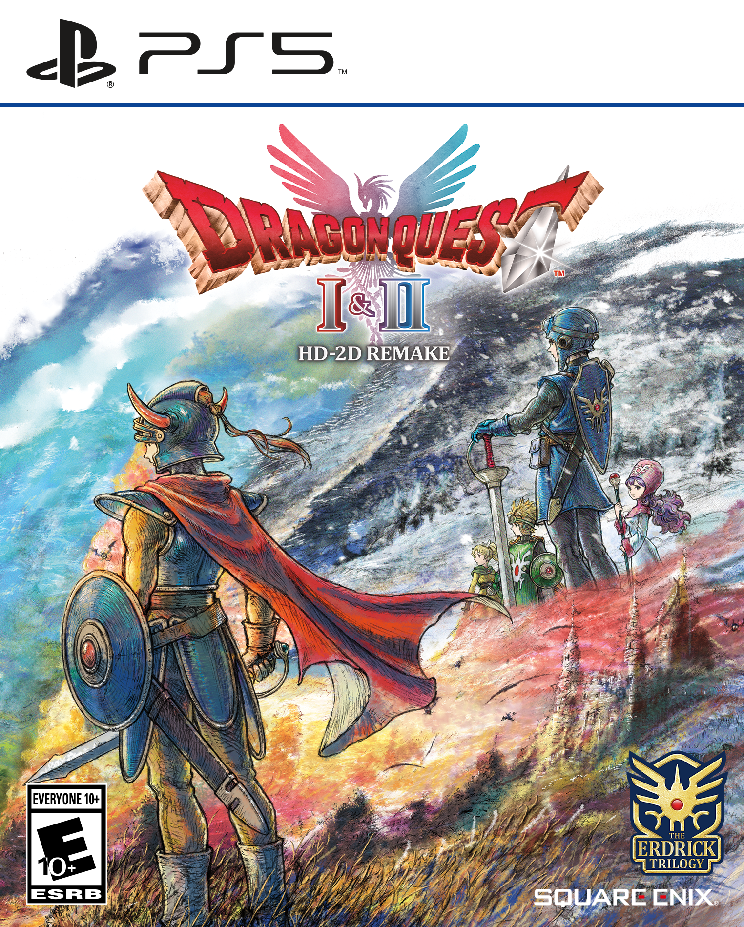 C 00 PS5 TM DRAGONQUEST TM I & II HD-2D REMAKE EVERYONE 10+ E 10+ ESRB THE ERDRICK TRILOGY SQUARE ENIX