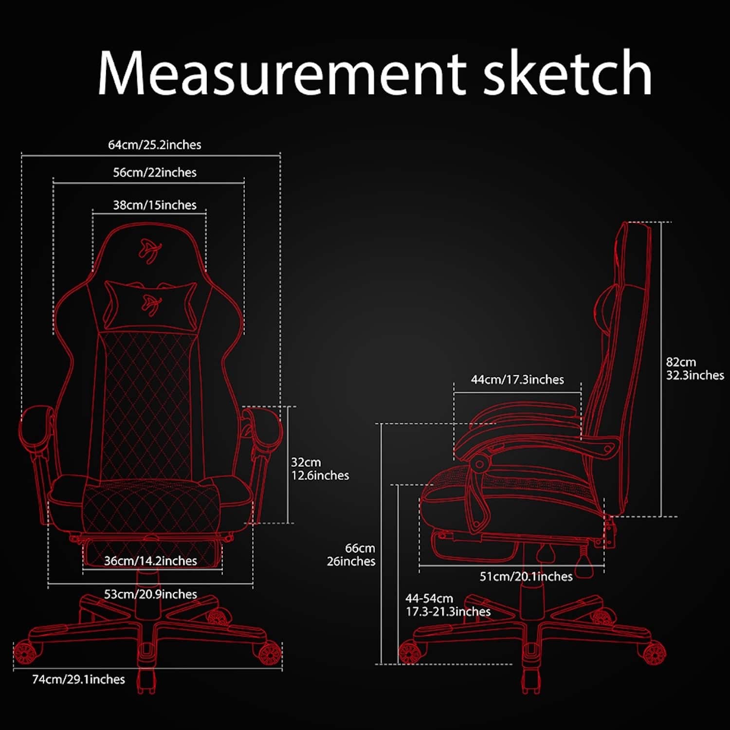 Measurement sketch:
* 64cm/25.2inches
* 56cm/22inches
* 38cm/15inches
* 44cm/17.3inches
* 82cm/32.3inches
* 32cm/12.6inches
* 36cm/14.2inches
* 53cm/20.9inches
* 66cm/26inches
* 51cm/20.1inches
* 44-54cm/17.3-21.3inches
* 74cm/29.1inches