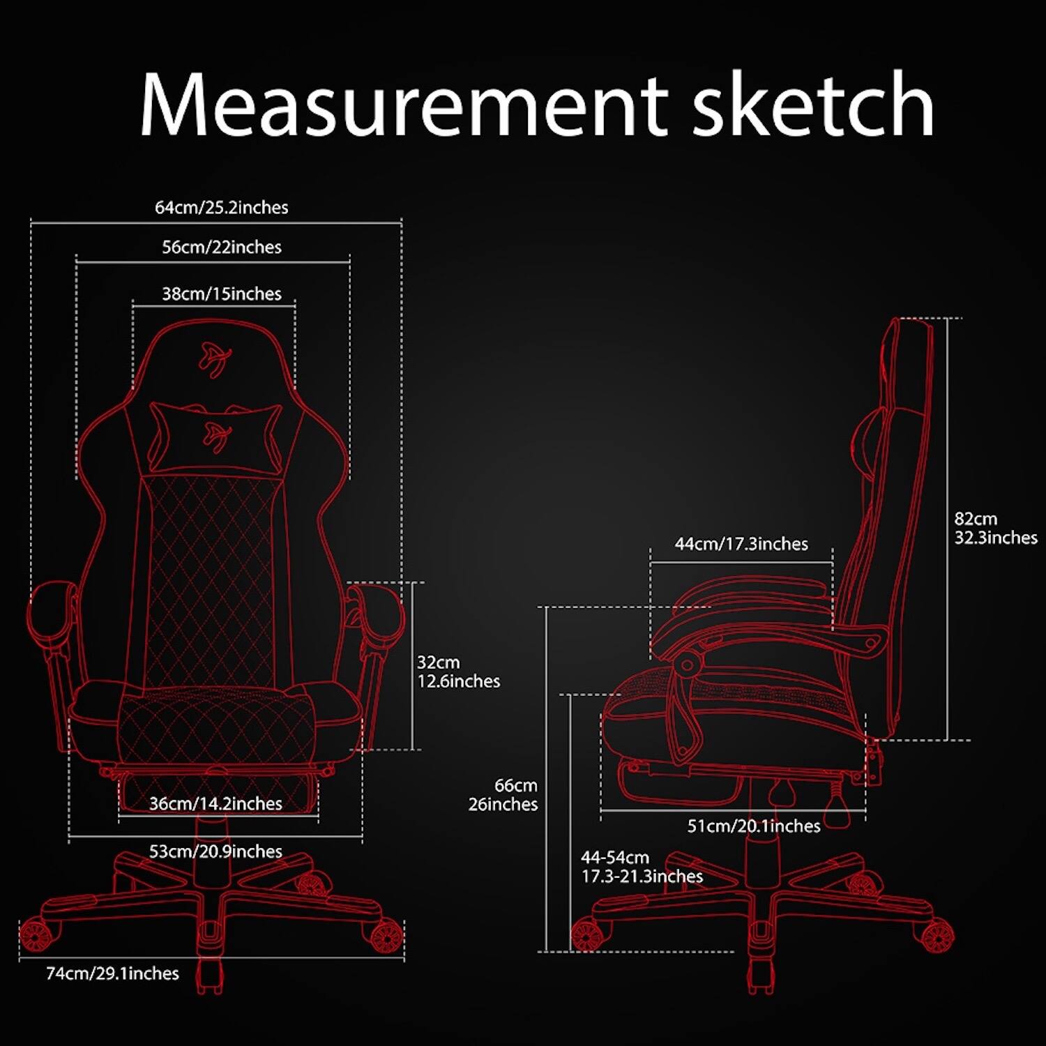 Measurement sketch:

* 64cm/25.2inches
* 56cm/22inches
* 38cm/15inches
* 44cm/17.3inches
* 82cm/32.3inches
* 32cm/12.6inches
* 36cm/14.2inches
* 53cm/20.9inches
* 66cm/26inches
* 51cm/20.1inches
* 44-54cm/17.3-21.3inches
* 74cm/29.1inches